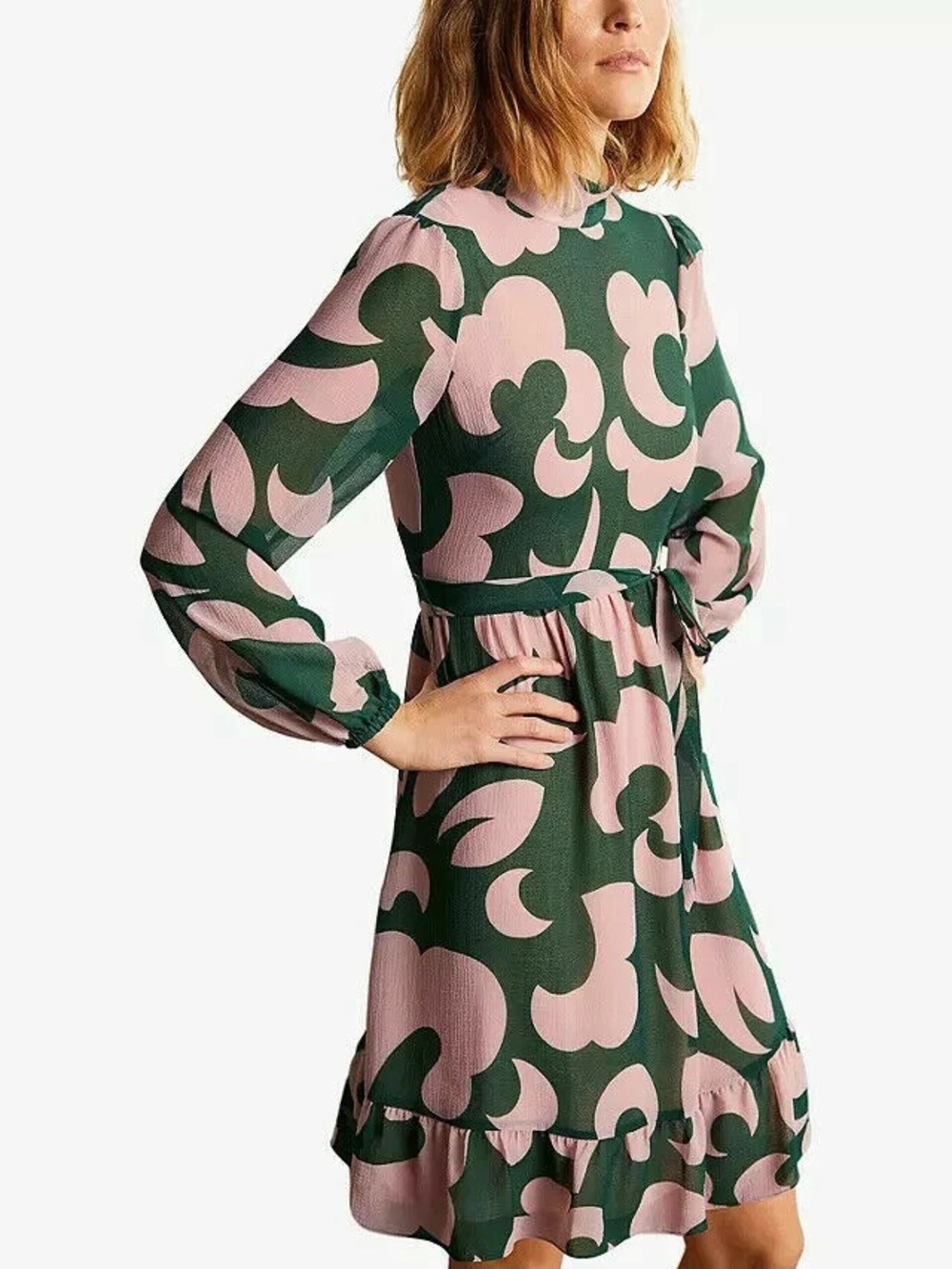 Boden Lottie Ruffle Hem Dress in Palm Leaf Green & Pink Size 6R